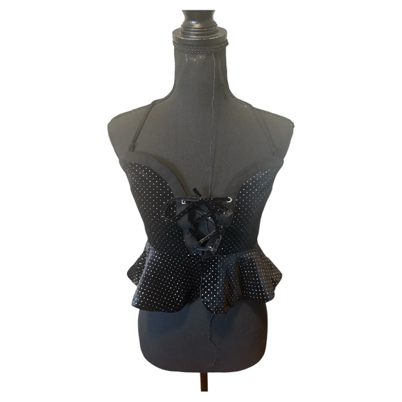 NWOT H:ours Saville Top Black Glitter Lace Up - Picture 3 of 6